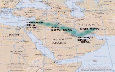 Mezzaluna sciita e distribuzione percentuale degli sciiti nell'area. Fonte: Wikipedia.en