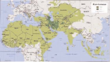 Stati con popolazione di religione islamica > 10% del totale. Verde scuro: sciiti - Verde chiaro : sunniti. Fonte: Wikipedia.en