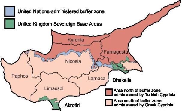 Distretti di Cipro e Buffer Zone. Fonte: Wikipedia