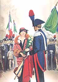 Una donna consegna la bandiera italiana ad un Carabiniere in grande uniforme
