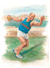 Giuseppe Tosi (nel disegno di Walter Molino) vinse la medaglia d'argento alle Olimpiadi del 1948 nel lancio del disco.