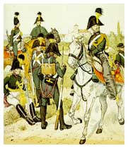 Gendarmi austriaci in servizio nel Lombardo-Veneto nell'uniforme del 1832. Molti di essi passarono nelle fila dell'Arma, dopo un severo accertamento dei loro sentimenti filo-italiani.
