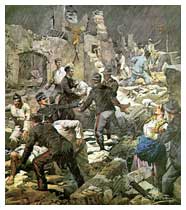 Carabinieri e altri militari si prodigano in soccorso alla popolazione calabra dopo il catastrofico terremoto del 1908.