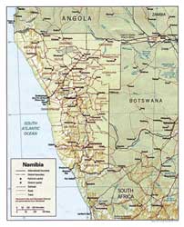 Una carta dell'Africa del Sud-Ovest. Il paese ha ottenuto l'indipendenza da Pretoria e ha preso il nome di Namibia nel 1978. Vent'anni dopo, per stabilizzare la nuova situazione, è stato però necessario l'intervento dei caschi blu.